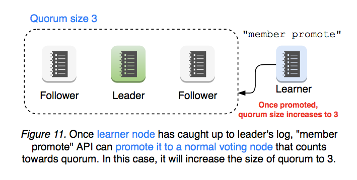 Learner 追上 Leader 后晋升为投票成员，Quorum 从 2 增加到 3